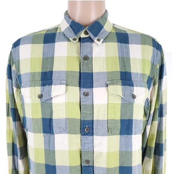 Woolrich Men Button Shirt Check 100% Organic Cotton Pockets Blue Green Size L - Picture 3 of 8